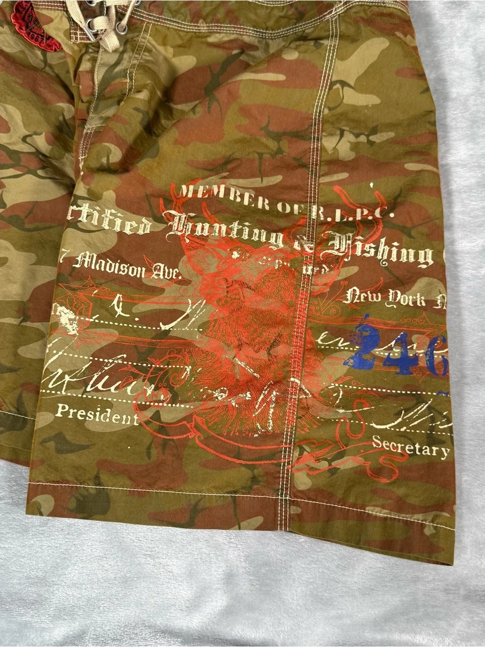 Vintage Polo Ralph Lauren Board Shorts Mens 34 8.5” Hunting Fishing Club Camo